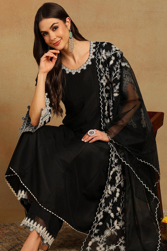 black silk blend solid embroidered flared suit set pkskd2119