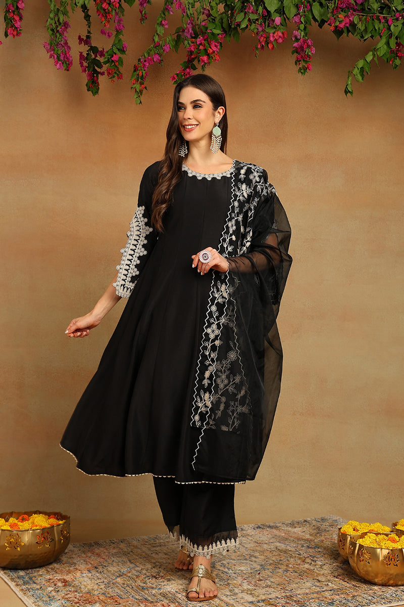 black silk blend solid embroidered flared suit set pkskd2119