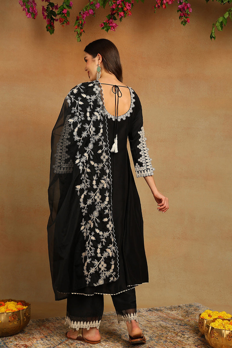 black silk blend solid embroidered flared suit set pkskd2119