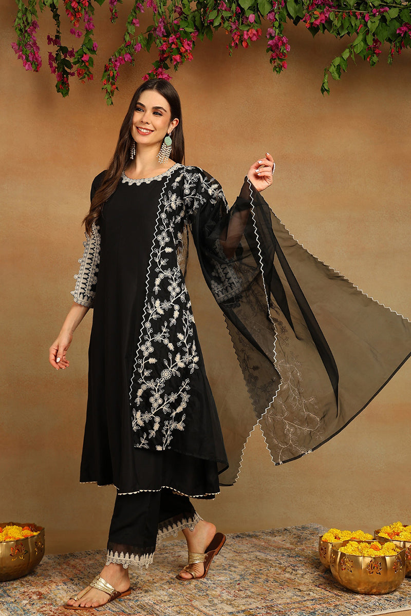 black silk blend solid embroidered flared suit set pkskd2119