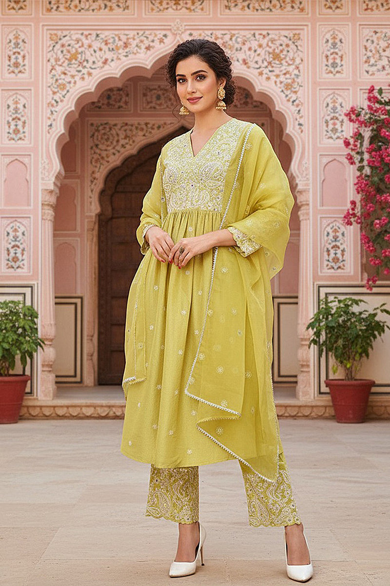 yellow-silk-blend-solid-yoke-design-flared-style-suit-set-pkskd2125