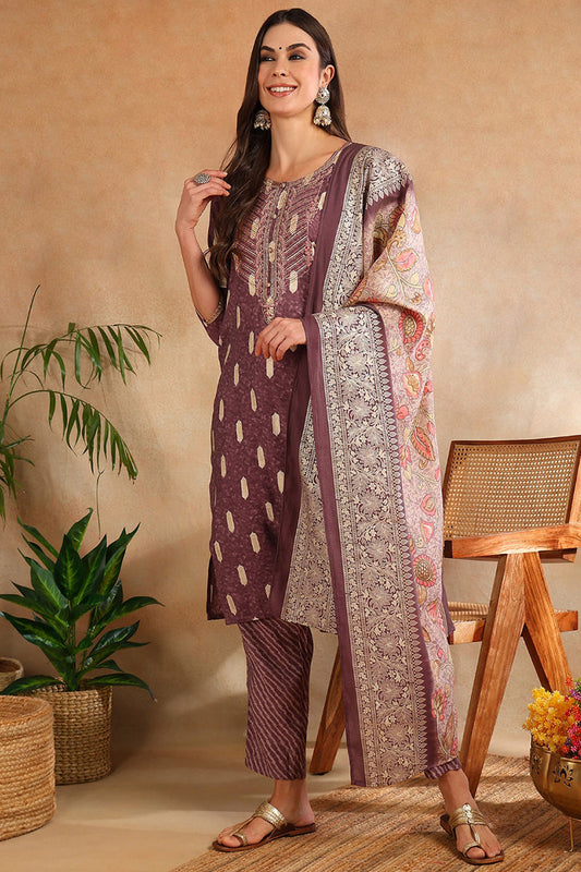 Mauve Silk Blend Ethnic Motifs Embroidered Straight Suit Set