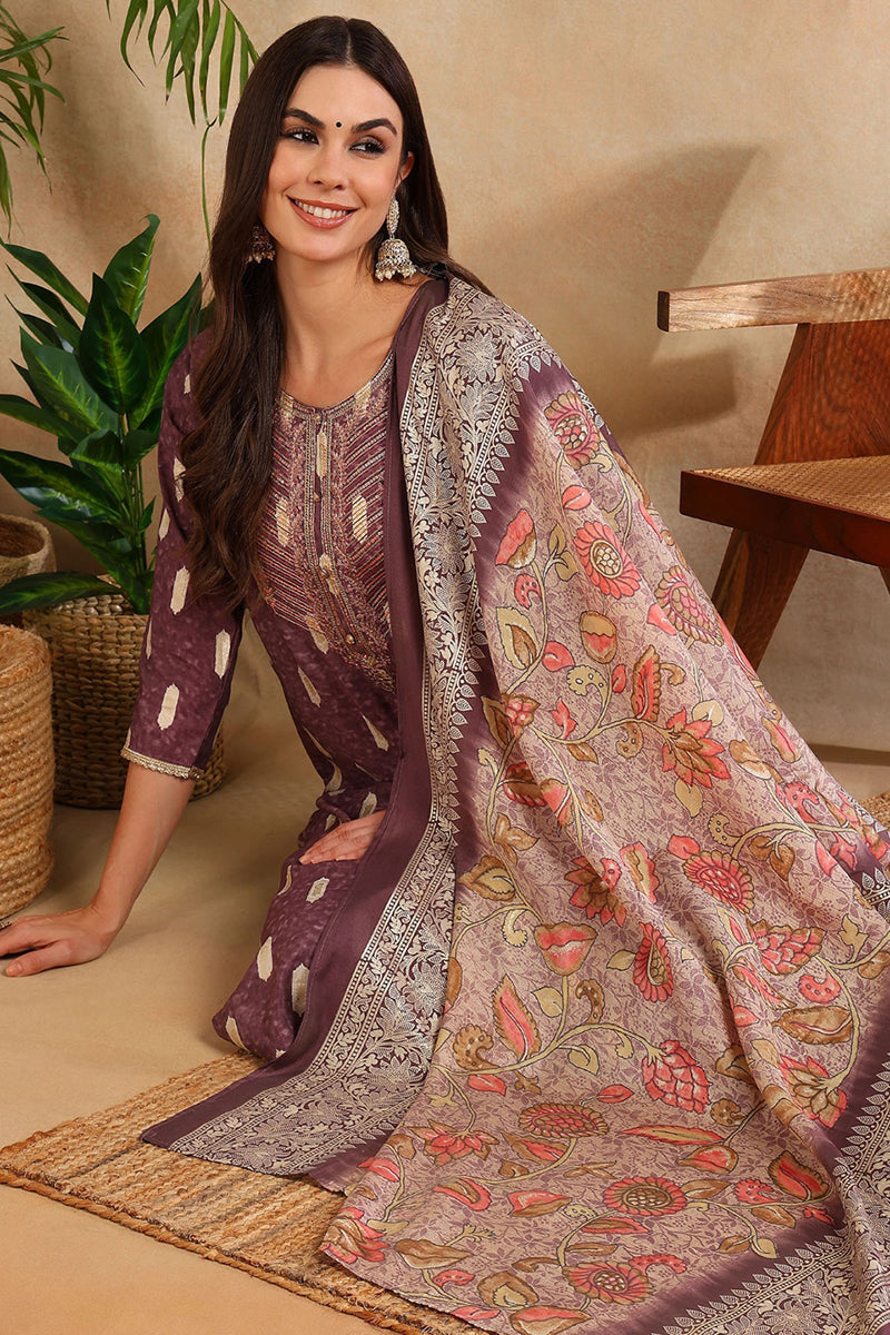 Mauve Silk Blend Ethnic Motifs Embroidered Straight Suit Set
