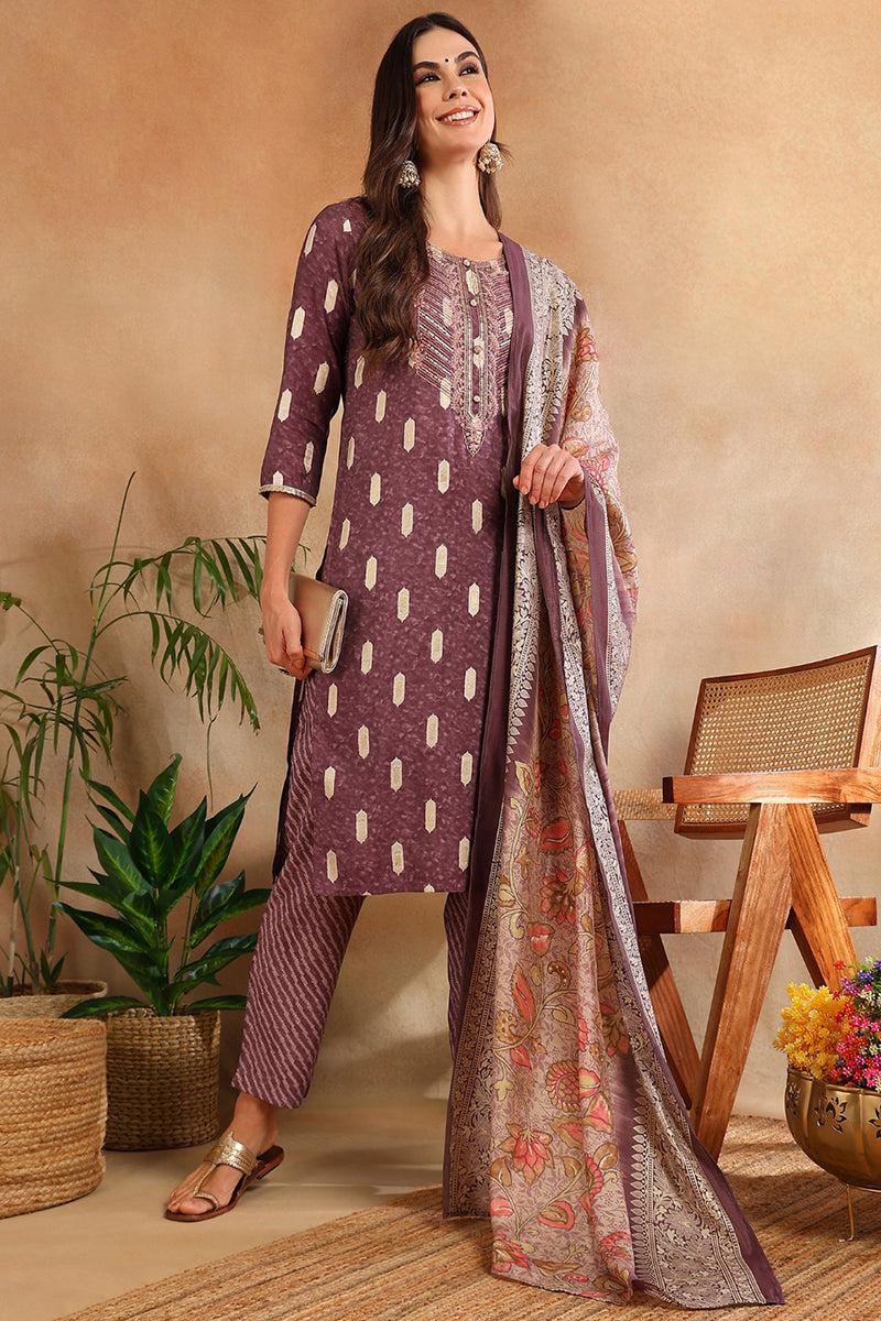 Mauve Silk Blend Ethnic Motifs Embroidered Straight Suit Set
