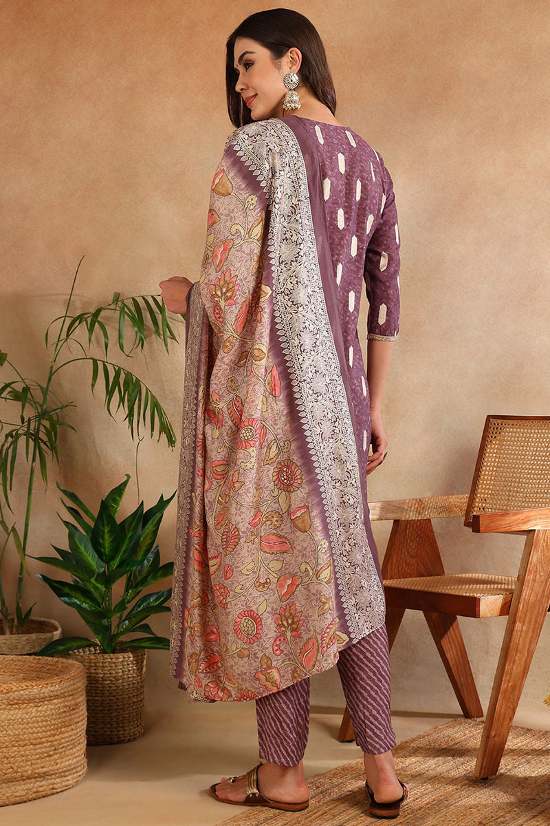 Mauve Silk Blend Ethnic Motifs Embroidered Straight Suit Set