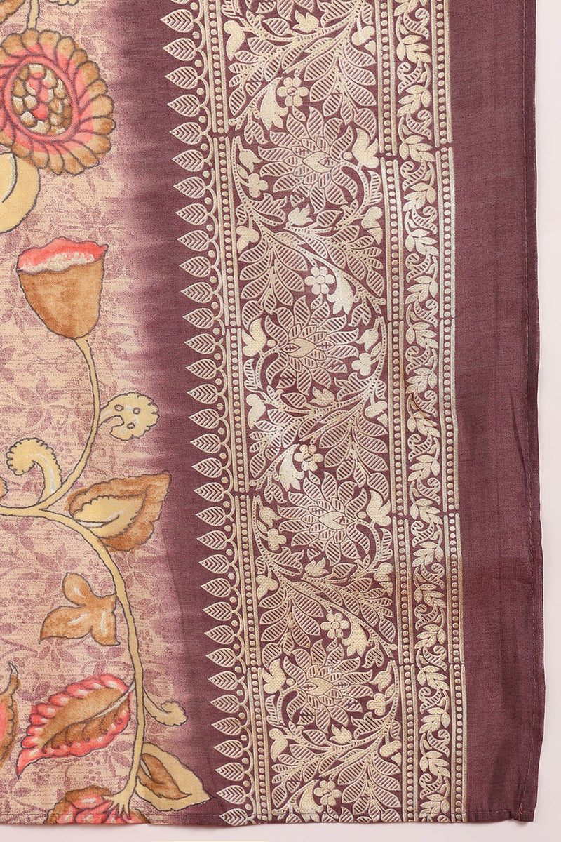 Mauve Silk Blend Ethnic Motifs Embroidered Straight Suit Set