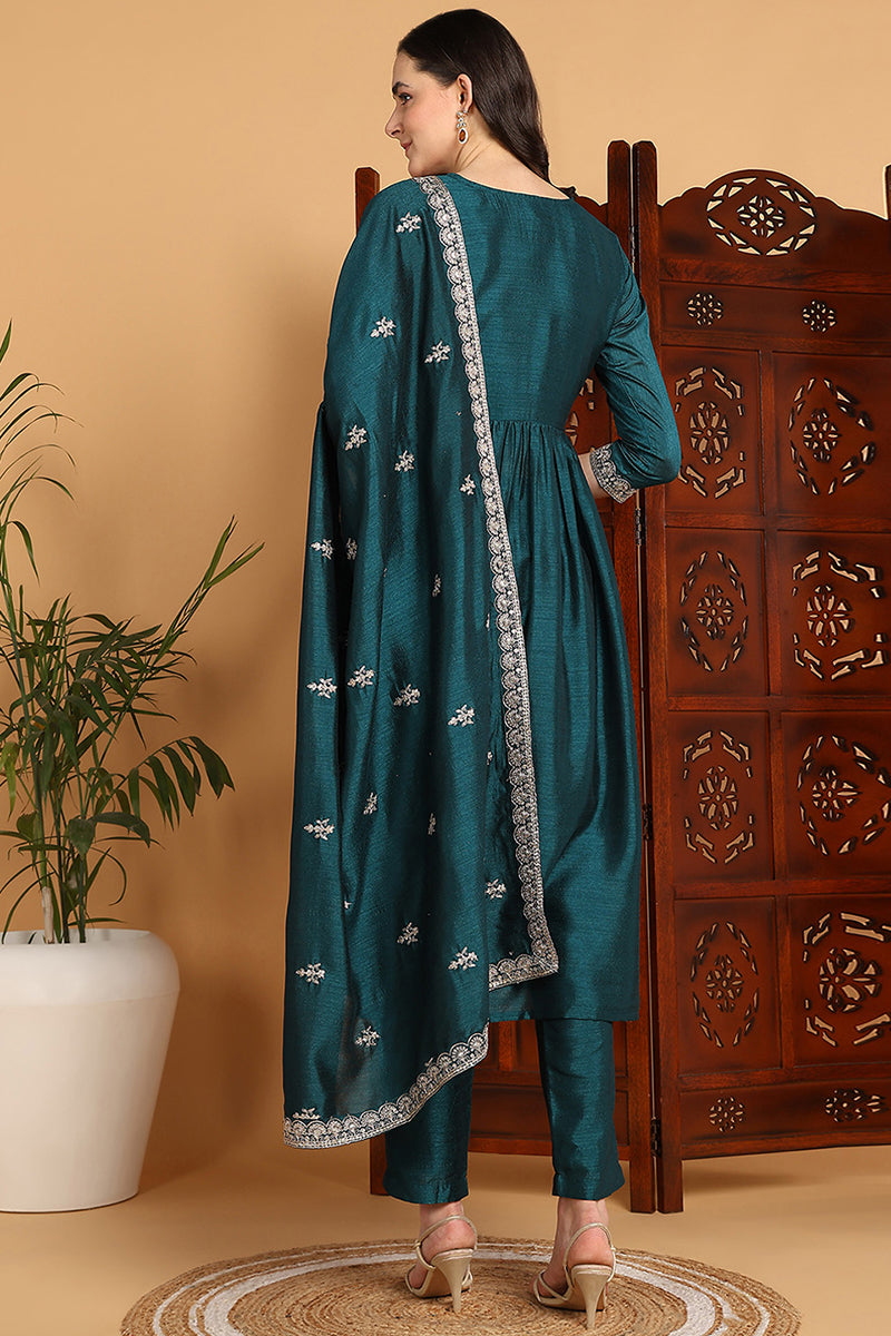 green silk blend solid embroidered flared suit set pkskd2169