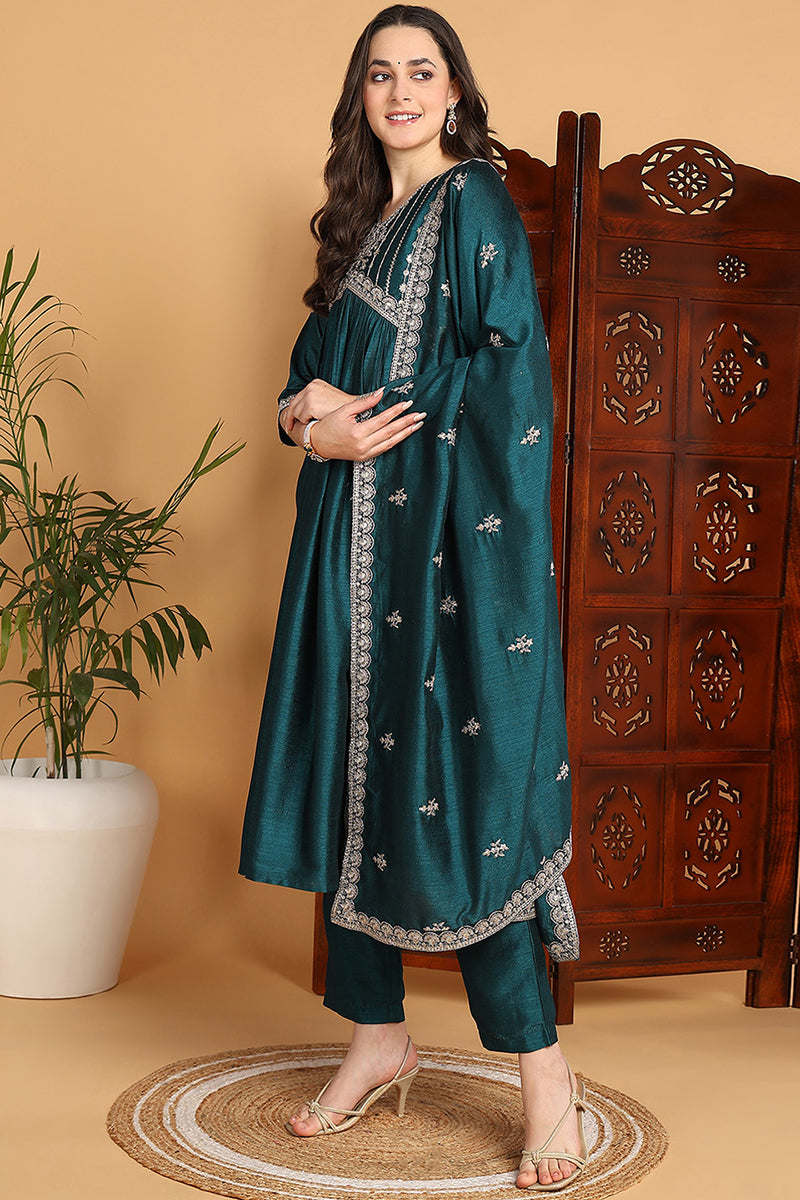 green silk blend solid embroidered flared suit set pkskd2169