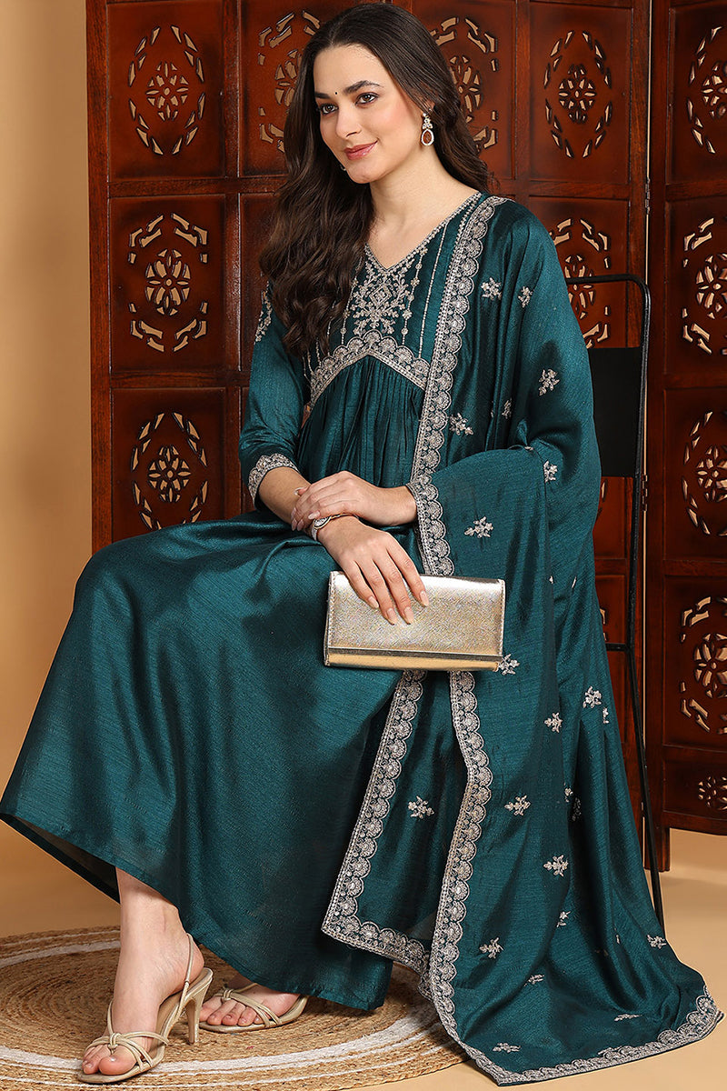 green silk blend solid embroidered flared suit set pkskd2169