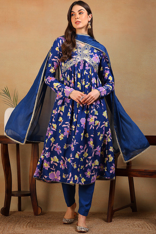 blue poly georgette floral printed flared suit set pkskd2195