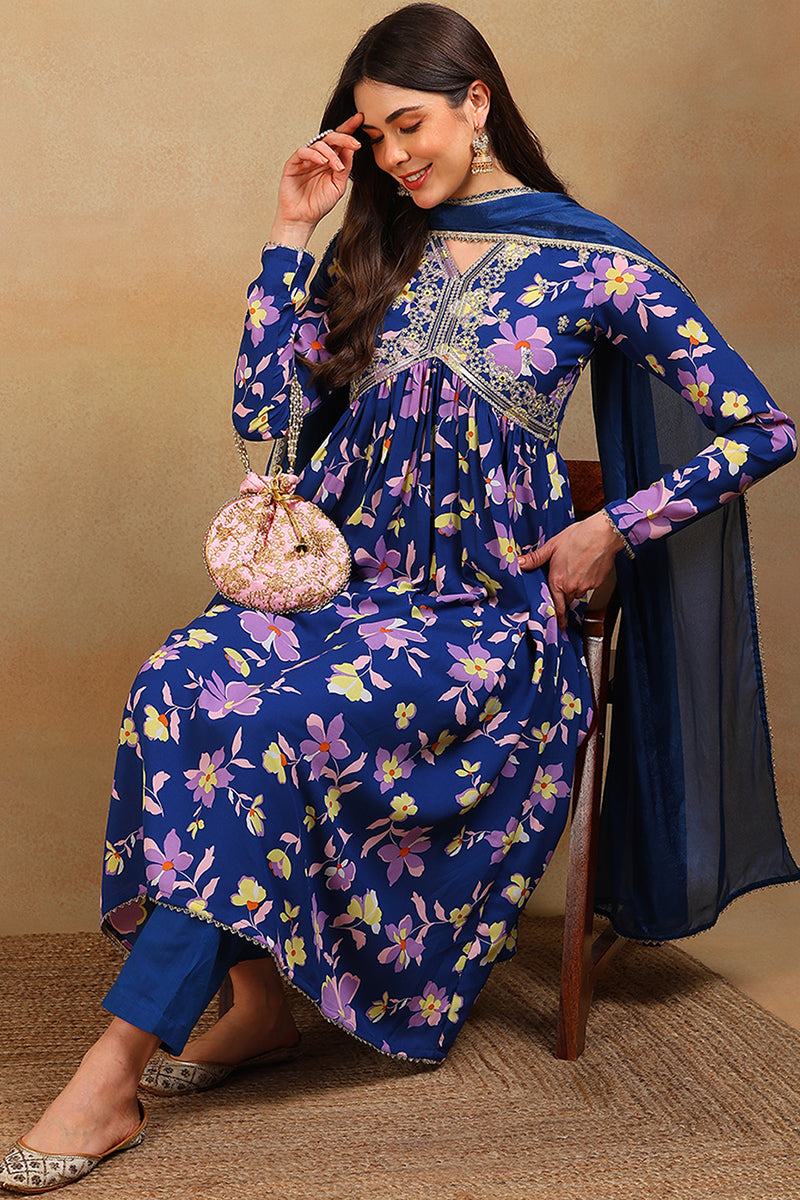 blue poly georgette floral printed flared suit set pkskd2195