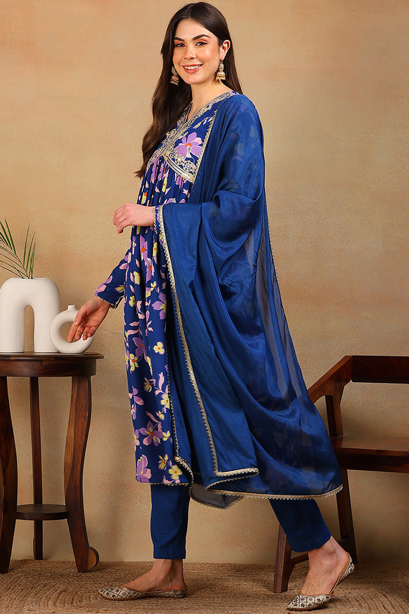blue poly georgette floral printed flared suit set pkskd2195