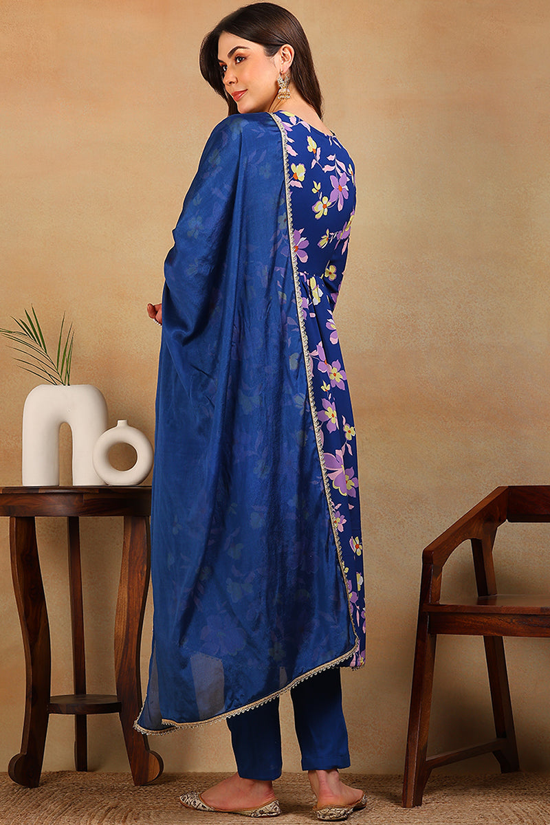 blue poly georgette floral printed flared suit set pkskd2195
