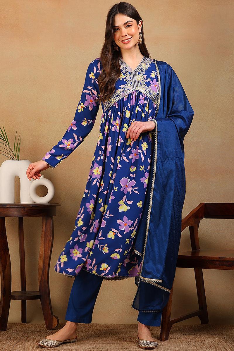 blue poly georgette floral printed flared suit set pkskd2195