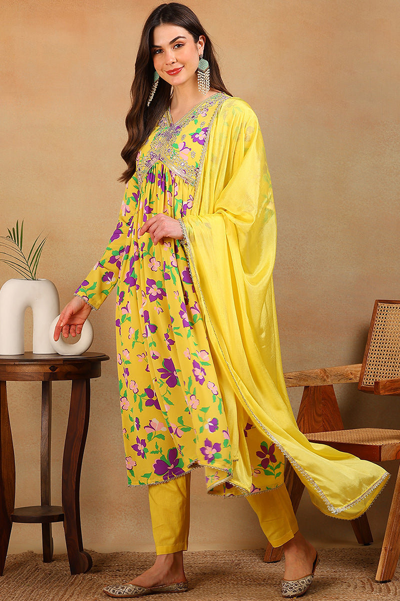 yellow-poly-georgette-floral-printed-flared-empire-suit-set-pkskd2196