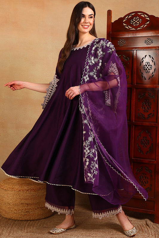 purple silk blend solid embroidered flared suit set
