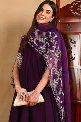purple silk blend solid embroidered flared suit set