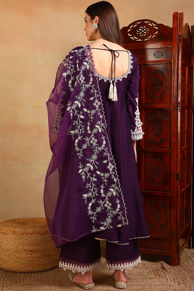 purple silk blend solid embroidered flared suit set