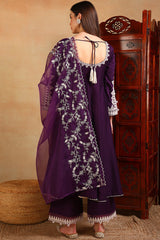 purple silk blend solid embroidered flared suit set