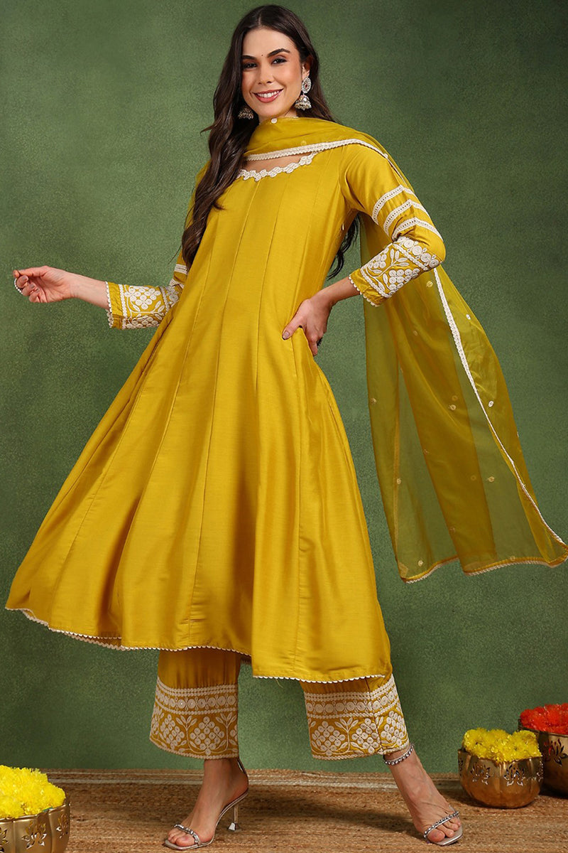 yellow silk blend solid embroidered anarkali suit set pkskd2210