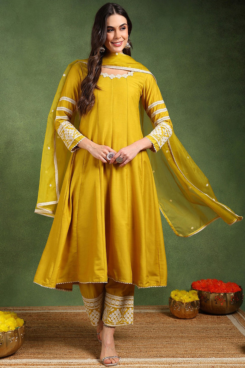 yellow silk blend solid embroidered anarkali suit set pkskd2210