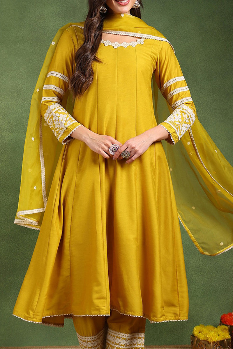 yellow silk blend solid embroidered anarkali suit set pkskd2210