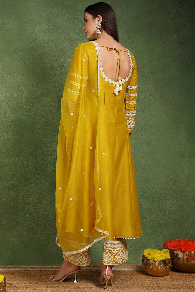 yellow silk blend solid embroidered anarkali suit set pkskd2210