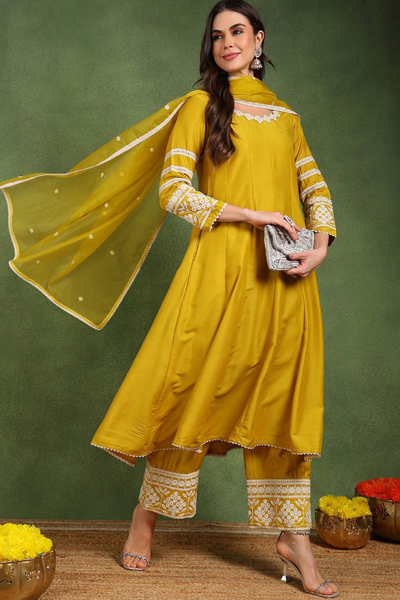 yellow silk blend solid embroidered anarkali suit set pkskd2210