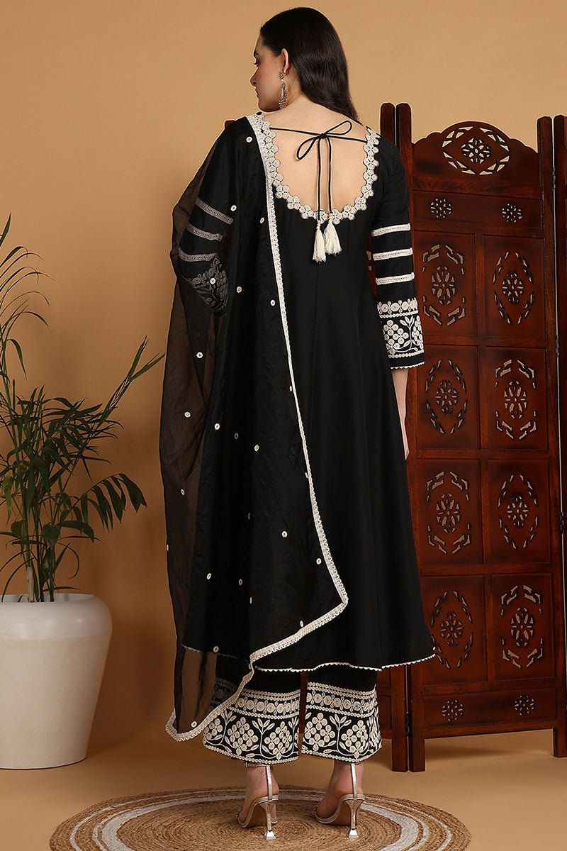 black silk blend solid embroidered anarkali suit set 
