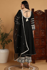 black silk blend solid embroidered anarkali suit set 