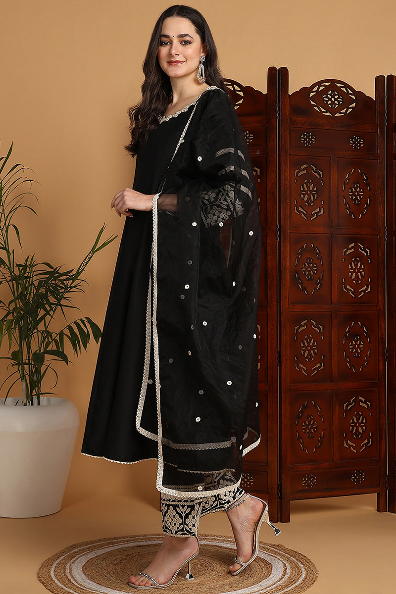 black silk blend solid embroidered anarkali suit set 