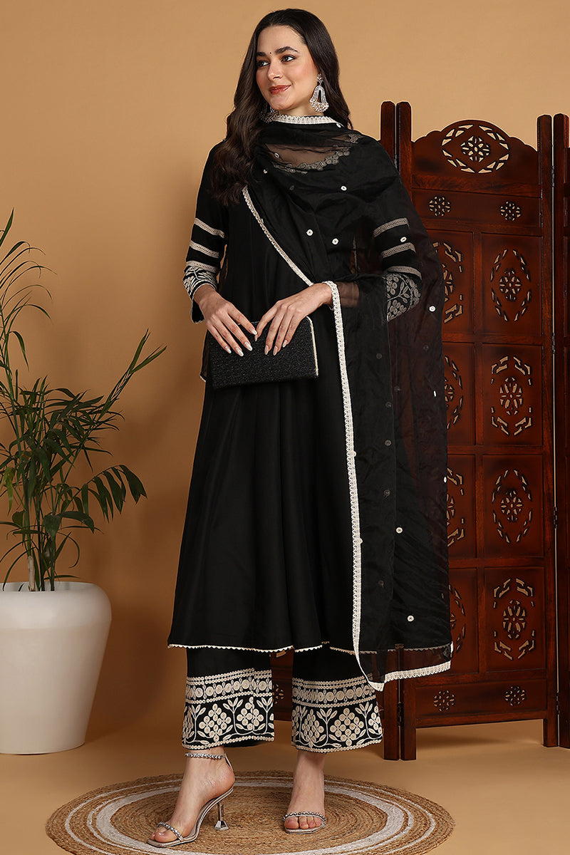 black silk blend solid embroidered anarkali suit set 