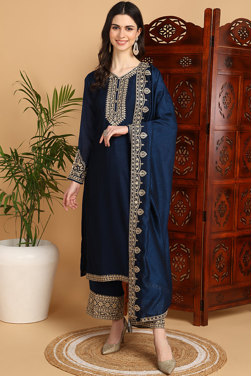 Navy Blue Silk Blend Solid Embroidered Straight Suit Set