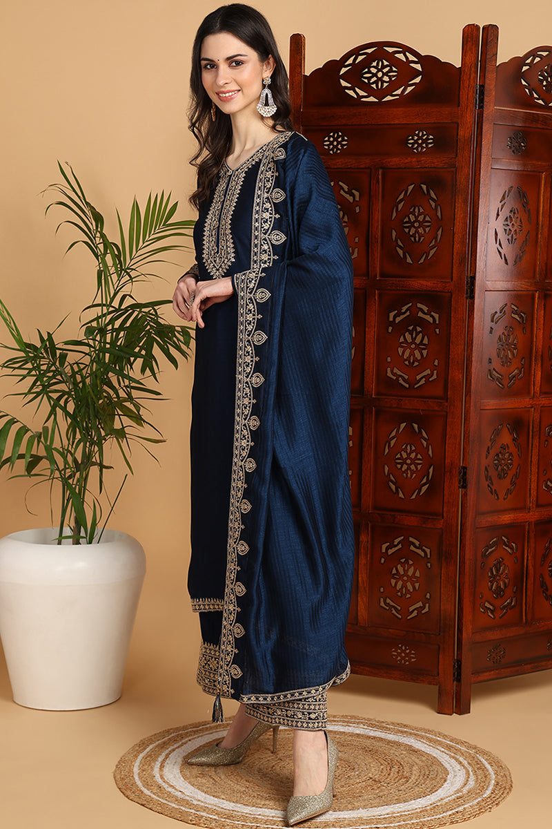 Navy Blue Silk Blend Solid Embroidered Straight Suit Set