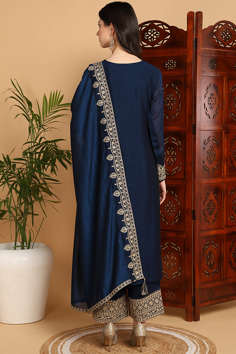 Navy Blue Silk Blend Solid Embroidered Straight Suit Set