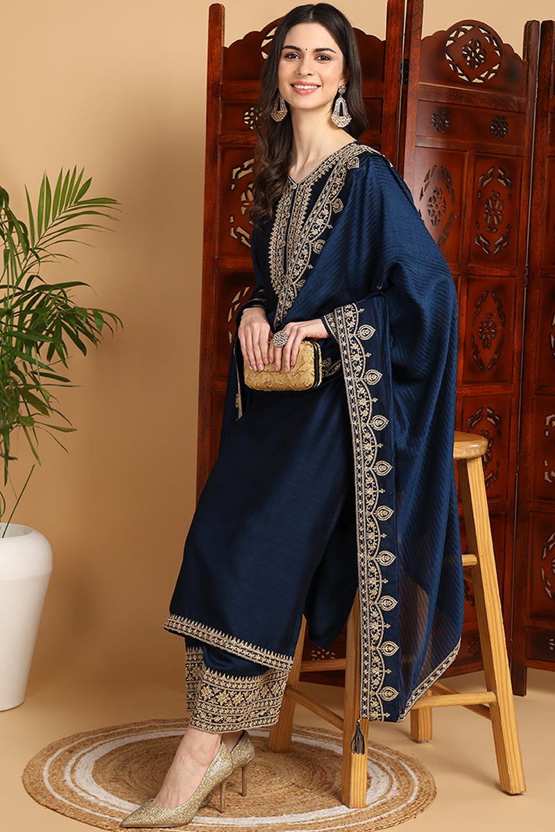 Navy Blue Silk Blend Solid Embroidered Straight Suit Set