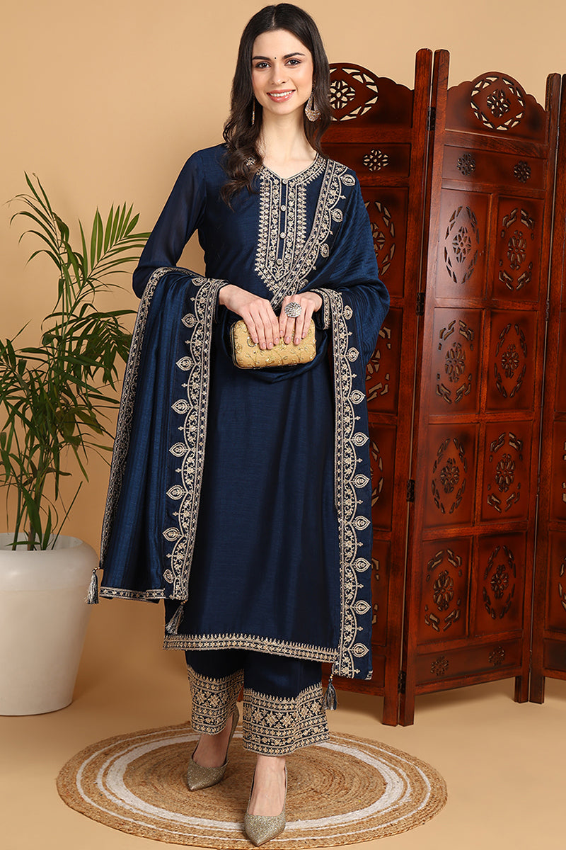 Navy Blue Silk Blend Solid Embroidered Straight Suit Set