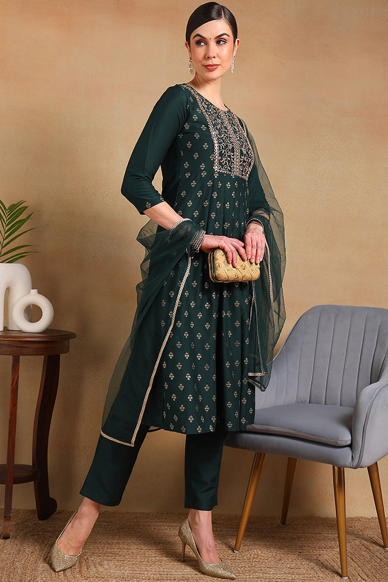 green silk blend solid woven design flared empire suit set