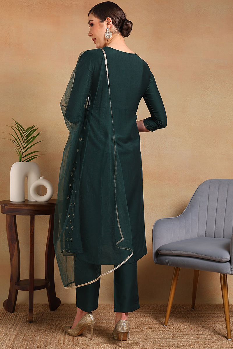 green silk blend solid woven design flared empire suit set