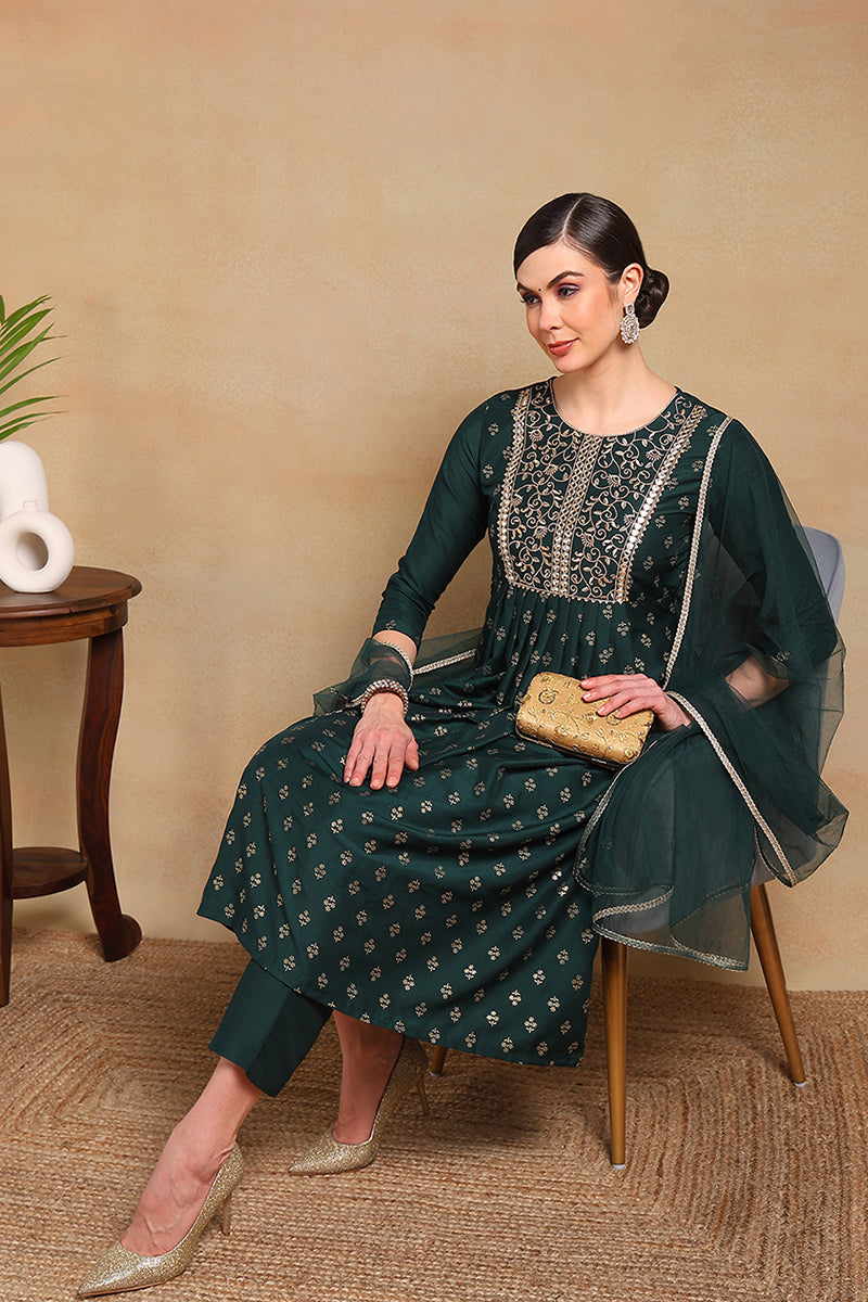 green silk blend solid woven design flared empire suit set