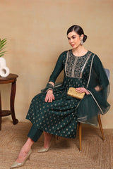 green silk blend solid woven design flared empire suit set