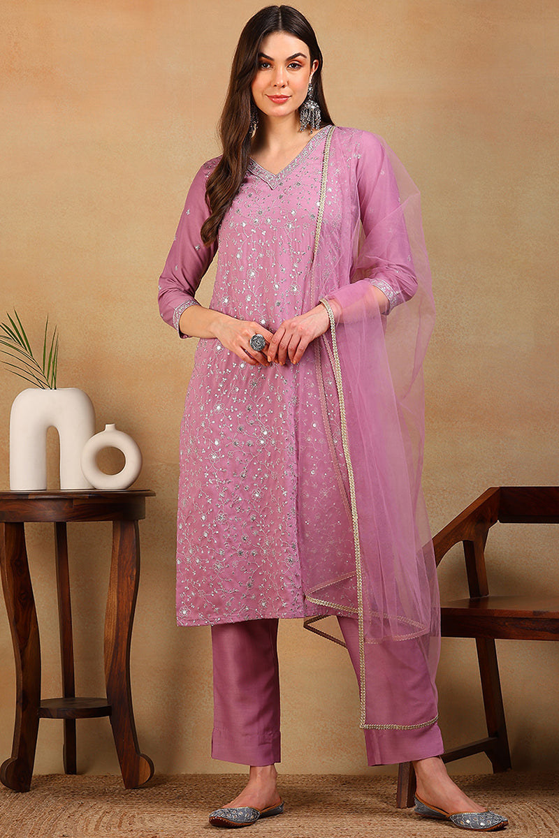 lavender silk blend solid embroidered straight suit set pkskd2310