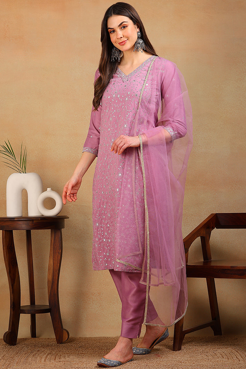lavender silk blend solid embroidered straight suit set pkskd2310