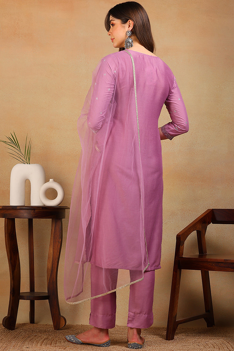 lavender silk blend solid embroidered straight suit set pkskd2310