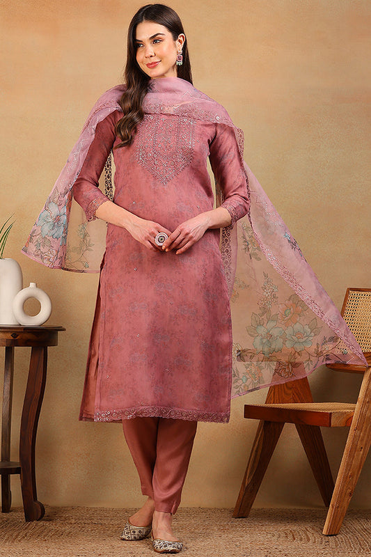 mauve organza floral embroidered straight regular suit set pkskd2313