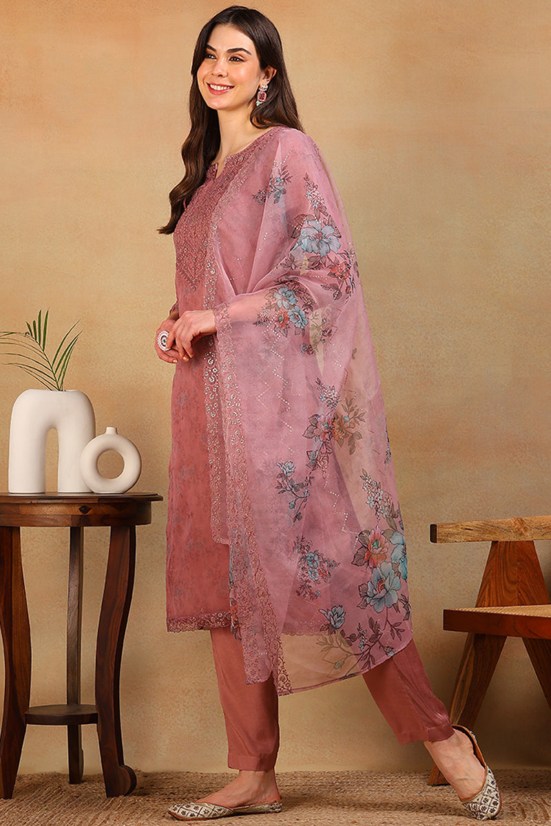 mauve organza floral embroidered straight regular suit set pkskd2313