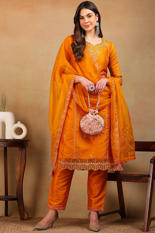 mustard silk blend solid embroidered straight suit set pkskd2319