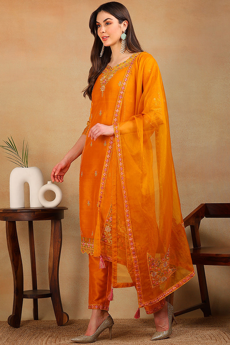 mustard silk blend solid embroidered straight suit set pkskd2319