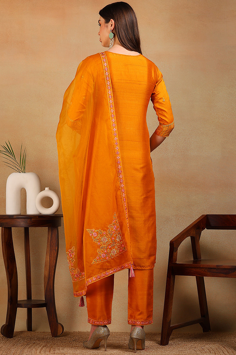 mustard silk blend solid embroidered straight suit set pkskd2319