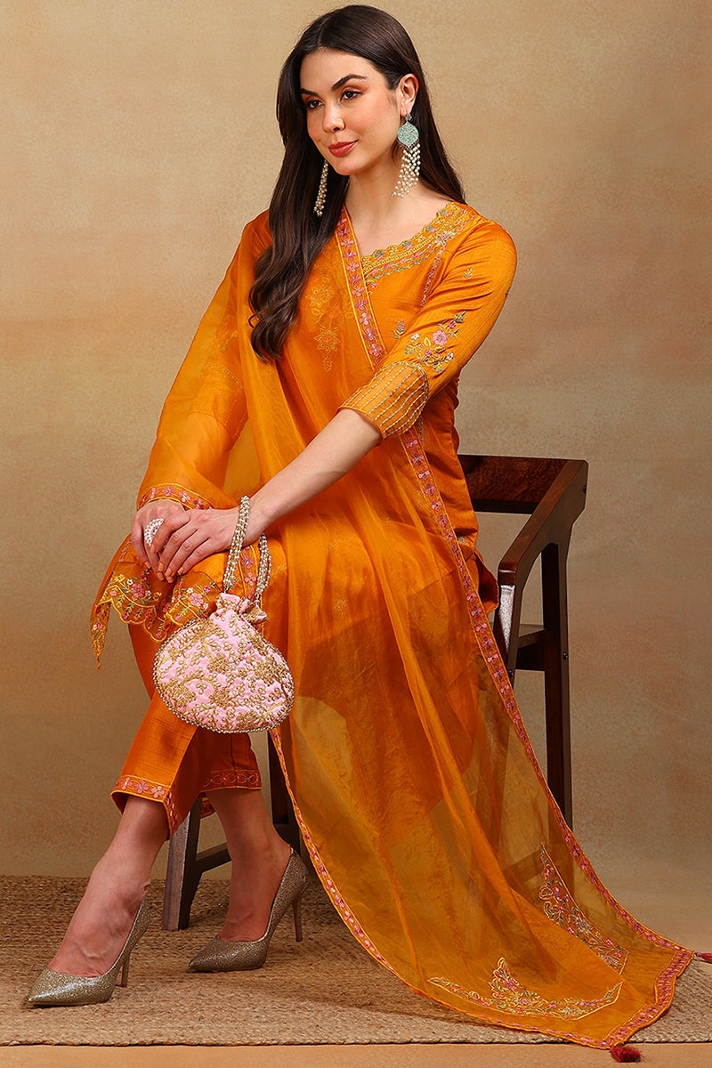 mustard silk blend solid embroidered straight suit set pkskd2319